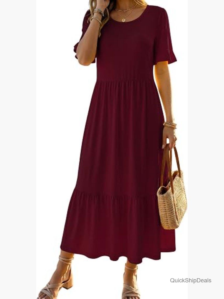Flowy Midi Sundress With Ruffle Short Sleeves A-Line Boho Tiered